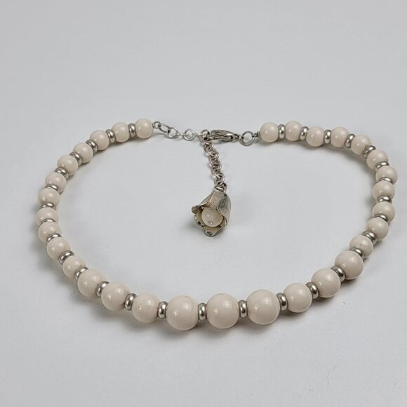 Jewelry - Cream Acrylic Beaded Necklace 18 In Silver-Tone Flower Charm Lobster Clasp